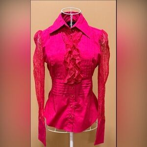 Bebe Hot Pink Lace Sleeve Ruffle Button Down Blouse XS